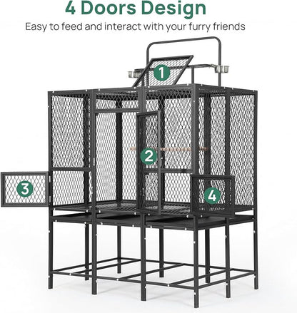44" W X 65" H Massive Bird Cage with Playtop, Extra Wide Heavy Duty Carbon Steel Flight Cage, Rust-Proof Panoramic Aviary for Parrots Cockatiels, Strong Diamond Mesh, Indoor Outdoor