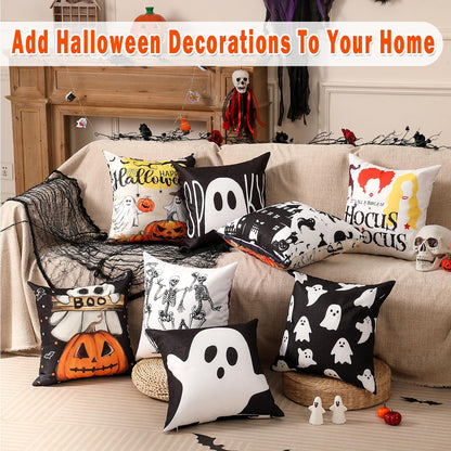 multiwins Halloween Decorations Set of 4 Double-Sided Print Ghost Pillow Covers 18" x 18", with 8 Cute Halloween Decor Patterns, Soft Linen Throw Pillow Covers for Outdoor & Indoor Use