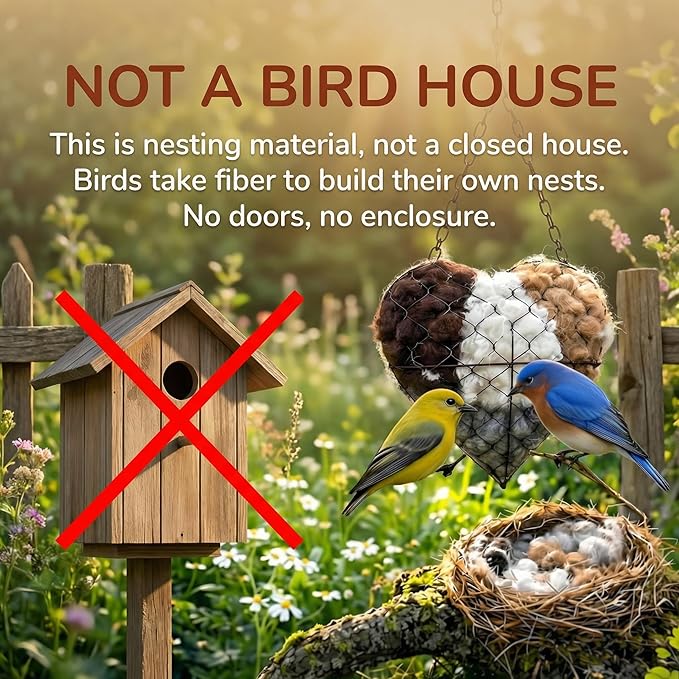 Handmade Alpaca Fiber Bird Nesting Heart with 4 Refill Bags, Reusable Nesting Material Accessory for Wild Birds, Outdoor Garden Decoration, Gift for Bird & Nature Lovers (2 Sets)