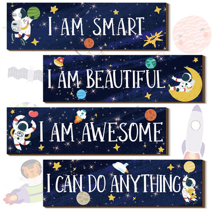 Yookeer 4 Pcs Space Room Decor for Kids Boys Outer Space Wall Art Bedroom Decor for Nursery Classroom Astronaut Galaxy Posters Spaceman Wood Sign Be Brave and Be Kind for Baby Boy(I)