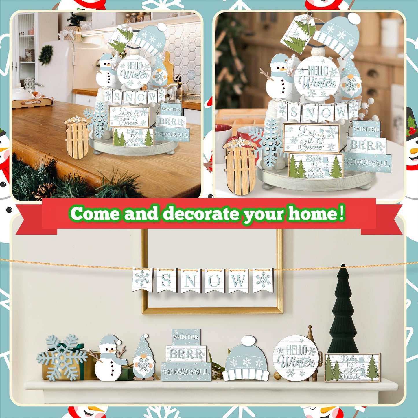 FairySandy 15 Pcs Winter Tiered Tray Decor Snowman and Snowflakes Wooden Signs Farmhouse Winter Tiered Tray Decorations Set Wood Table Decor for Holiday Home Kitchen