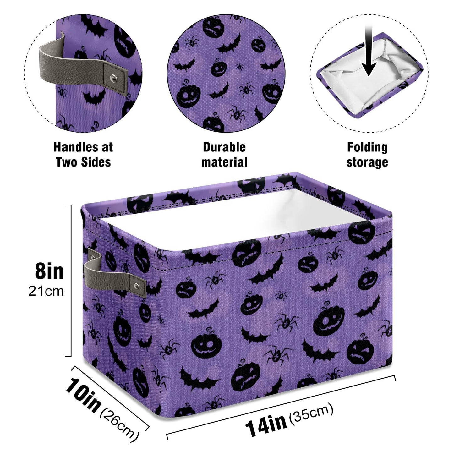 Andemie Halloween Bin Purple Pumpkin Bats Basket Large Foldable Storage Bin Cube Collapsible Organizer Trick or Treat Bags Candy Buckets for Halloween Parties