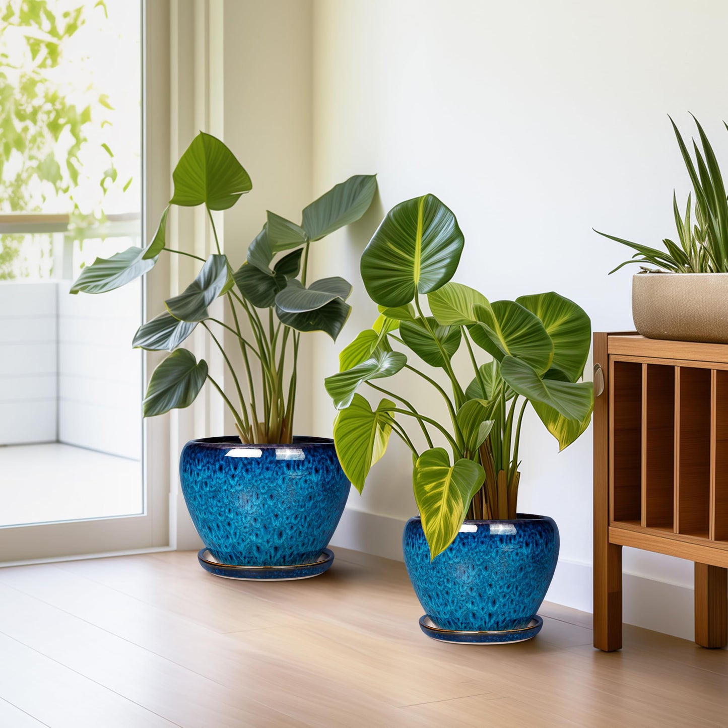 EPFamily Ceramic Plant Pots Indoor, 10 Inch 8 Inch 6 Inch Round Planters Pots for Indoor Outdoor Plants, Modern Large Flower Pots with Drainage Holes and Saucers, Set of 3, Blue