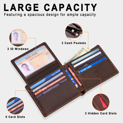 Travelambo Genuine Leather Wallet for Men with Gift Box - Handmade Bifold Stylish - Mens Wallets Rfid Blocking with 2 ID Windows