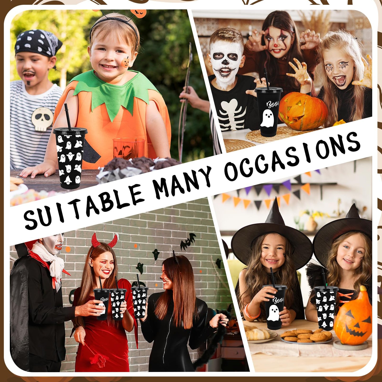 JarThenaAMCS 12 Pcs Halloween Ghost Party Cups with Lids Straws Cute Ghost Boo Plastic Tumblers Black White Reusable Water Bottle for Hot Cold Drinks Birthday Party Baby Shower Table Decor, 24 Oz
