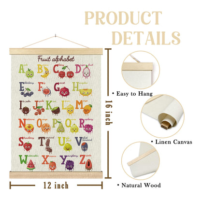 BCUANGD ABC Kids Wall Art - Fruit Alphabet Educational Wall Decor Poster Hanger with Wood Frames, Cute Classroom Wall Hanging Canvas Decor for Playroom Nursery Toddler Kids Room, 12x16 Inches