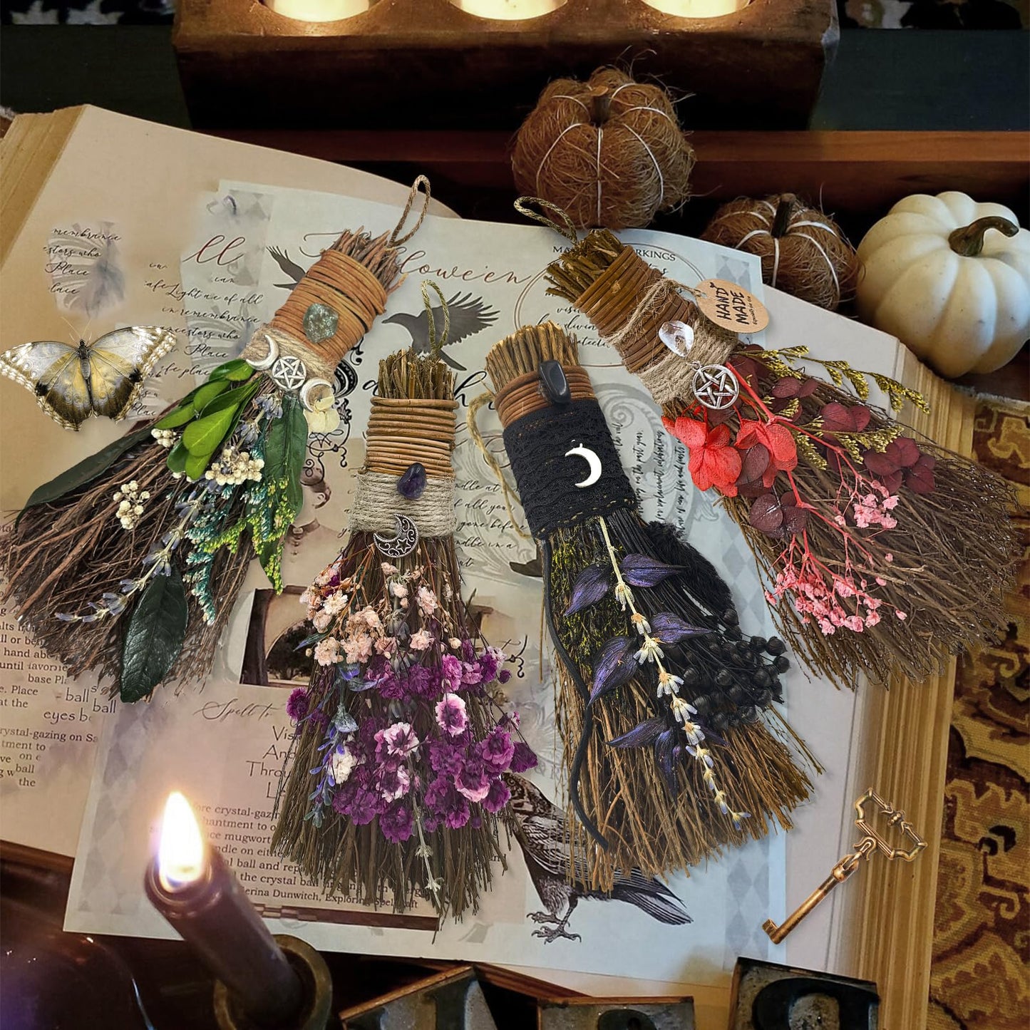 Teeloray Cinnamon Broom 7.5 Inch Witch Broom for Altar Magic Crystal Handmade Mini Cinnamon Broomstick Scented Natural Herbal Protection Witchcraft Supplies for Wiccan Décor Witchy Gifts (Purple)