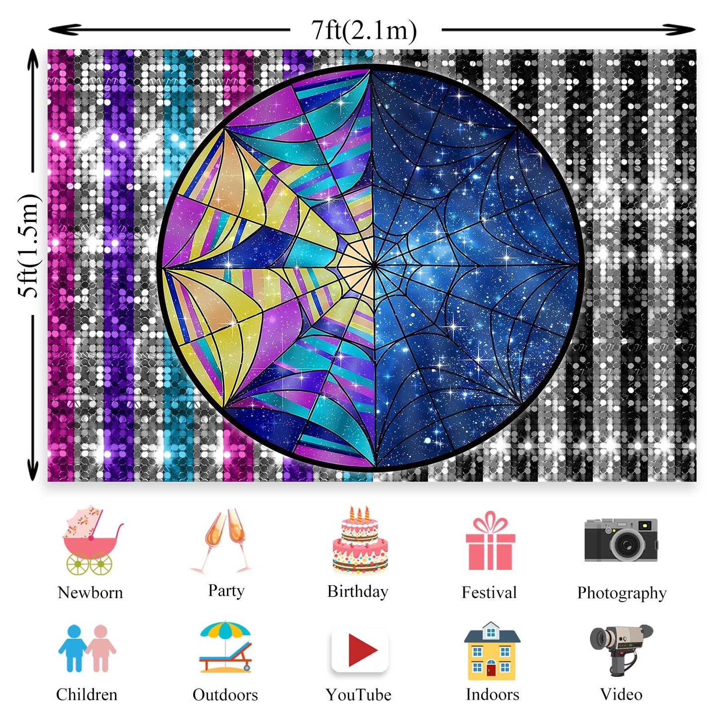 QICAIYUN Wednesday Birthday Backdrop Spider Web Window Background Colorful Sky Birthday Party Backdrop Halloween Party Decorations Studio Banner Props 7x5ft YUNBDJ1024