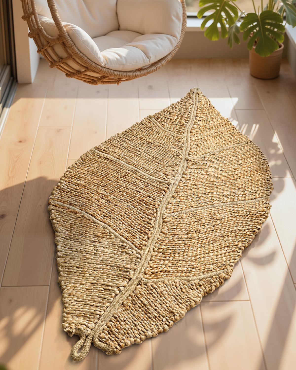 DEXI Jute Door Mat Inside Entryway Braided Woven, 36x24 Front Entrance Doormat Inside Leaf Shaped, Welcome Natural Fiber Entry Mats Farmhouse Home Decor, Beige