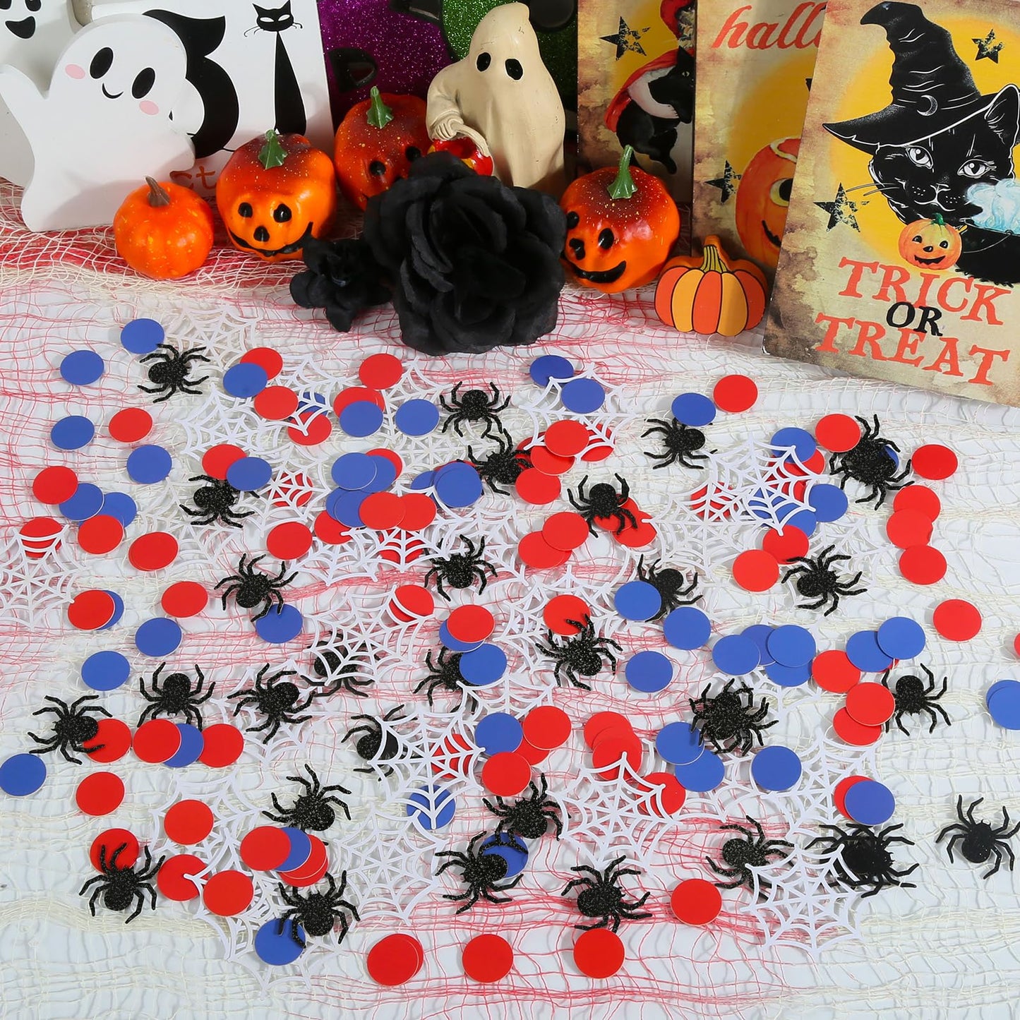 200 Pcs Spider Web Table Confetti Red Blue Round Paper Scatter Hero Themed Table Decorations for Birthday Party Halloween Spooky Baby Shower DIY Crafting Supplies