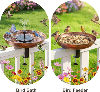 Edenseelake Deck Mounted Metal Bird Bath with Solar Powered Fountain for Outside, Detachable Birdbaths Bowl with Adjustable Steel Clamp for Feeder Railing Balcony Fence Yard