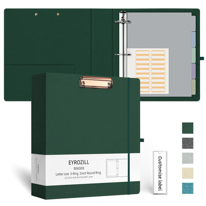 EYROZILL 3 Ring Binder 2 Inch, Binder for Letter Size (11" x 8.5") with 5 Tab Dividers, File Folder Labels and Low Profile Clipboards, Blackish Green