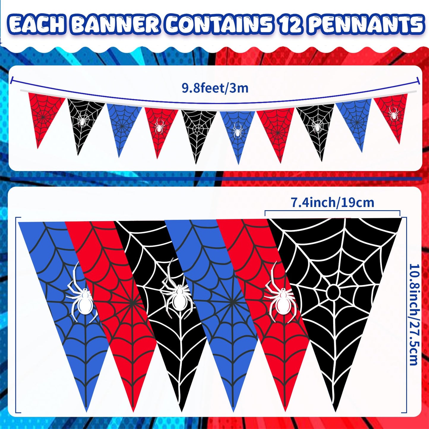 Gilprop 49.2 Ft / 60 Pieces Spider Web Party Decorations Pennant Banner Triangle Flags Garland Bunting Banner for Birthday Gender Reveal Wedding Baby Shower Decor Supplies (Red Blue Black)