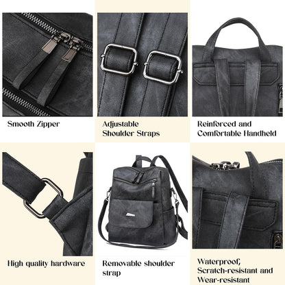 ROOSALANCE Backpack Purse for Women, Women Backpack Purse Small Leather Waterproof Anti-theft Shoulder Bags Handbags, Fashion Ladies Back pack for Daily Travel Work (Black Grey)