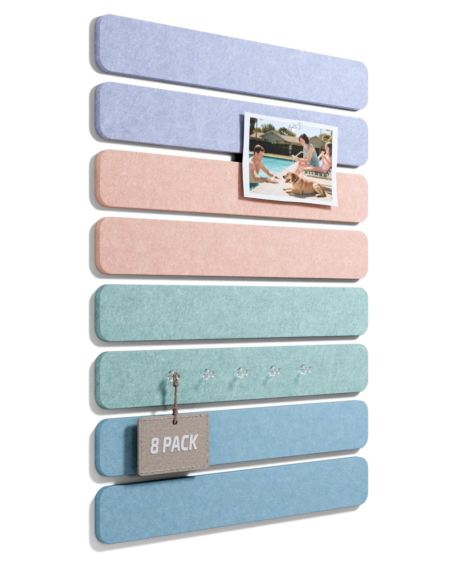 Fluxynara Cork Board Alternative Felt Strip Board 8-Pack 13"x2", Office Pin Board with 50 Push Pins, Adhesive Install for Bedroom Door & Home Office (Coastal Haze)