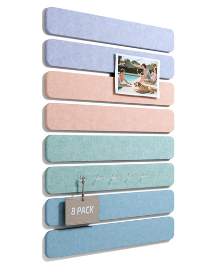 Fluxynara Cork Board Alternative Felt Strip Board 8-Pack 13"x2", Office Pin Board with 50 Push Pins, Adhesive Install for Bedroom Door & Home Office (Coastal Haze)
