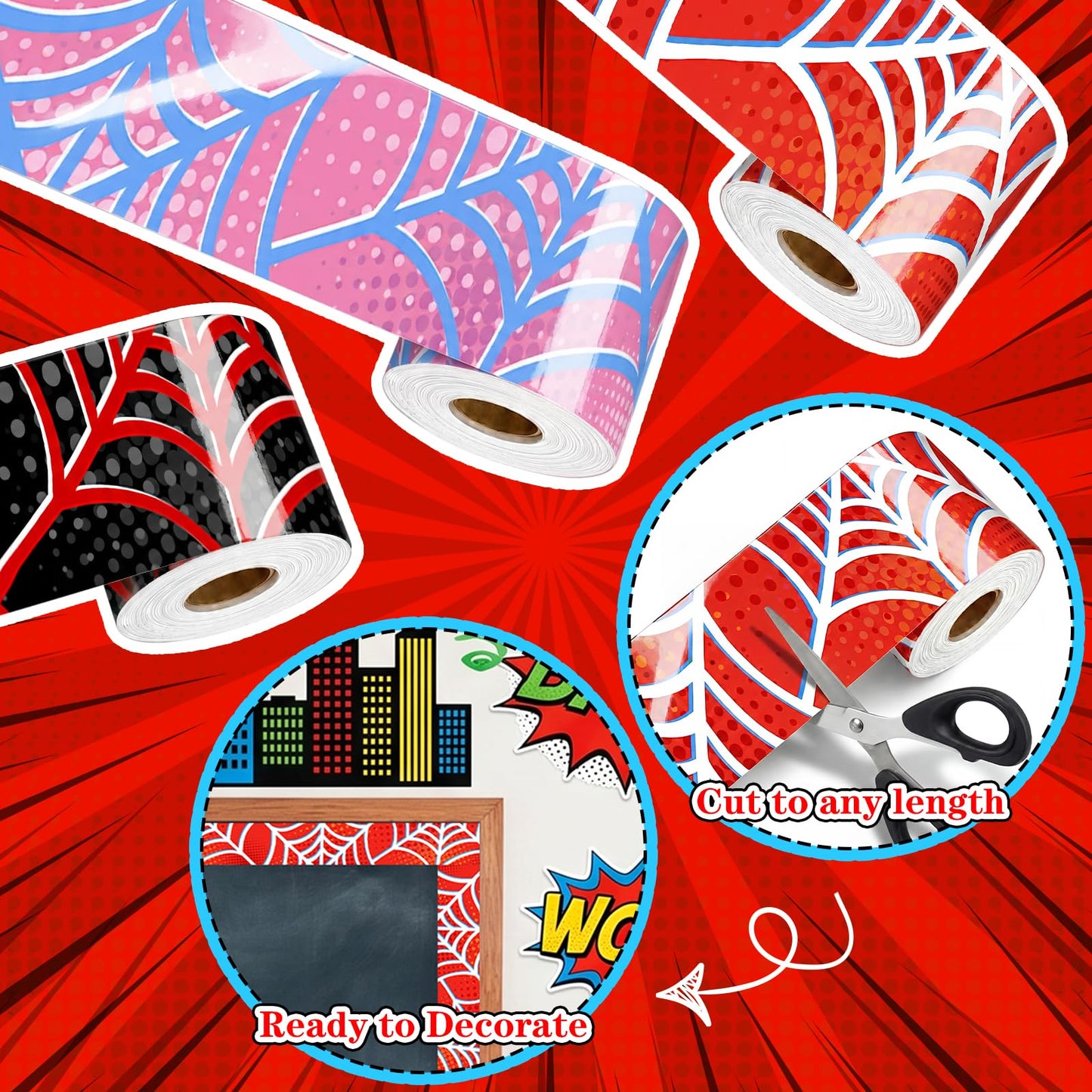 98ft Spider Web Bulletin Board Borders Classroom Bulletin Board Trim Self Adhesive Borders Decorations for Party School Blackboard Chalkboard Desk Wall Decor (Black, Red, Pink)