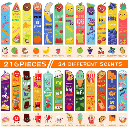 Geyee 216 Pcs Fruit Scented Bookmarks Scratch and Sniff Bookmarks Fun Classroom Smelly Bulk for Kids Students Teens School, 24 Styles