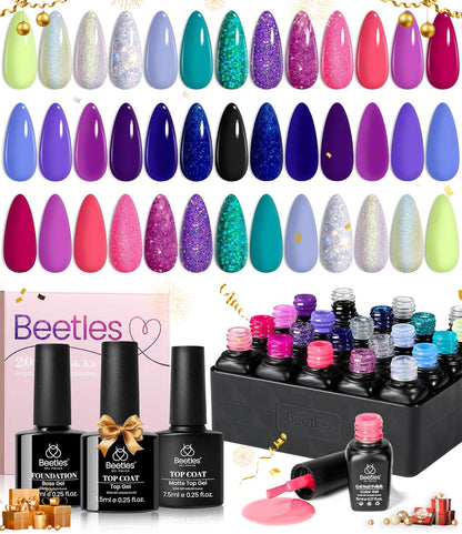 Beetles Cat Eye Gel Polish Set - 24Pcs 20 Colors Glitter Dark Color Changing Gel Nail Polish Kit with Base Gel Glossy Matte Top Coat Soak off UV DIY Nail Art Salon Ombre Black Nails Gift