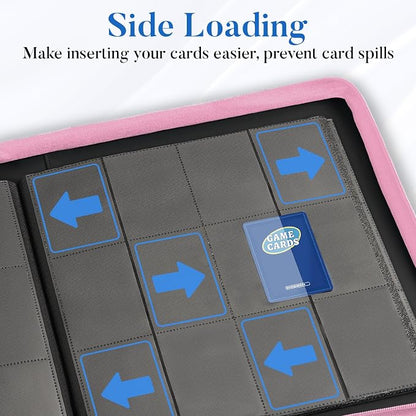 Premium Zip Card Binder 12 Pocket, Fabmaker 912 Pockets Trading Card Binder, PU Zipper Card Collection Album, Sturdy Side-Loading Card Book Holder for Game & Sports Cards, Pink
