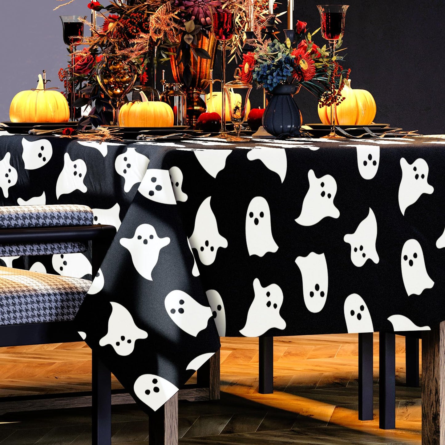JarThenaAMCS Halloween Ghost Tablecloth Black White Cute Ghost Table Cover 60 x 104 Inch Table Cloth for Birthday Baby Shower Trick or Treat Party Supplies Decoration