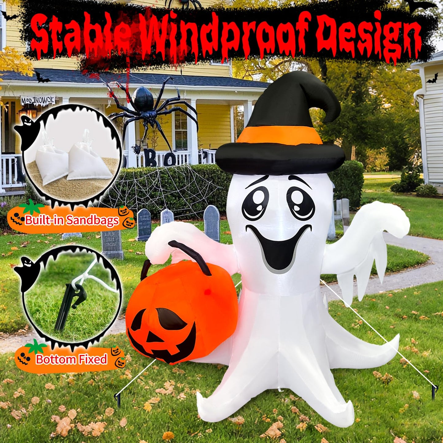 【2025 Latest Release】Halloween Inflatables Ghost Outdoor Decorations 5FT Ghost Pumpkin Inflatable with Build-in 2 LED Ghost Blow Up Yard Decoration Cute Ghost Blowup Decor for Party Garden Lawn