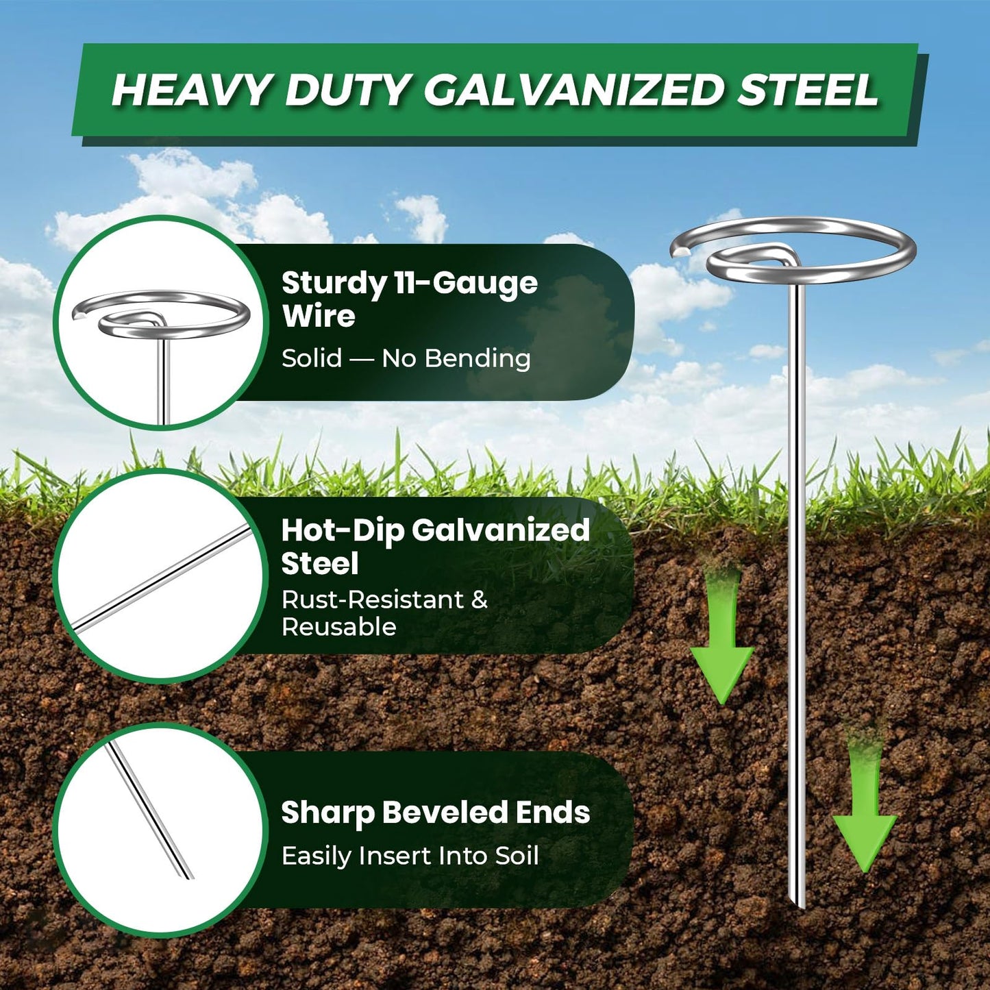 6 Inch Landscape Fabric Staples, 50Pcs Garden Stakes Galvanized +Pick Hook +Rubber Mallet, G Shaped Weed Barrier Stakes 11 Gauge Lawn Staples Landscape Pins for Yard, Sod, Weed Mat