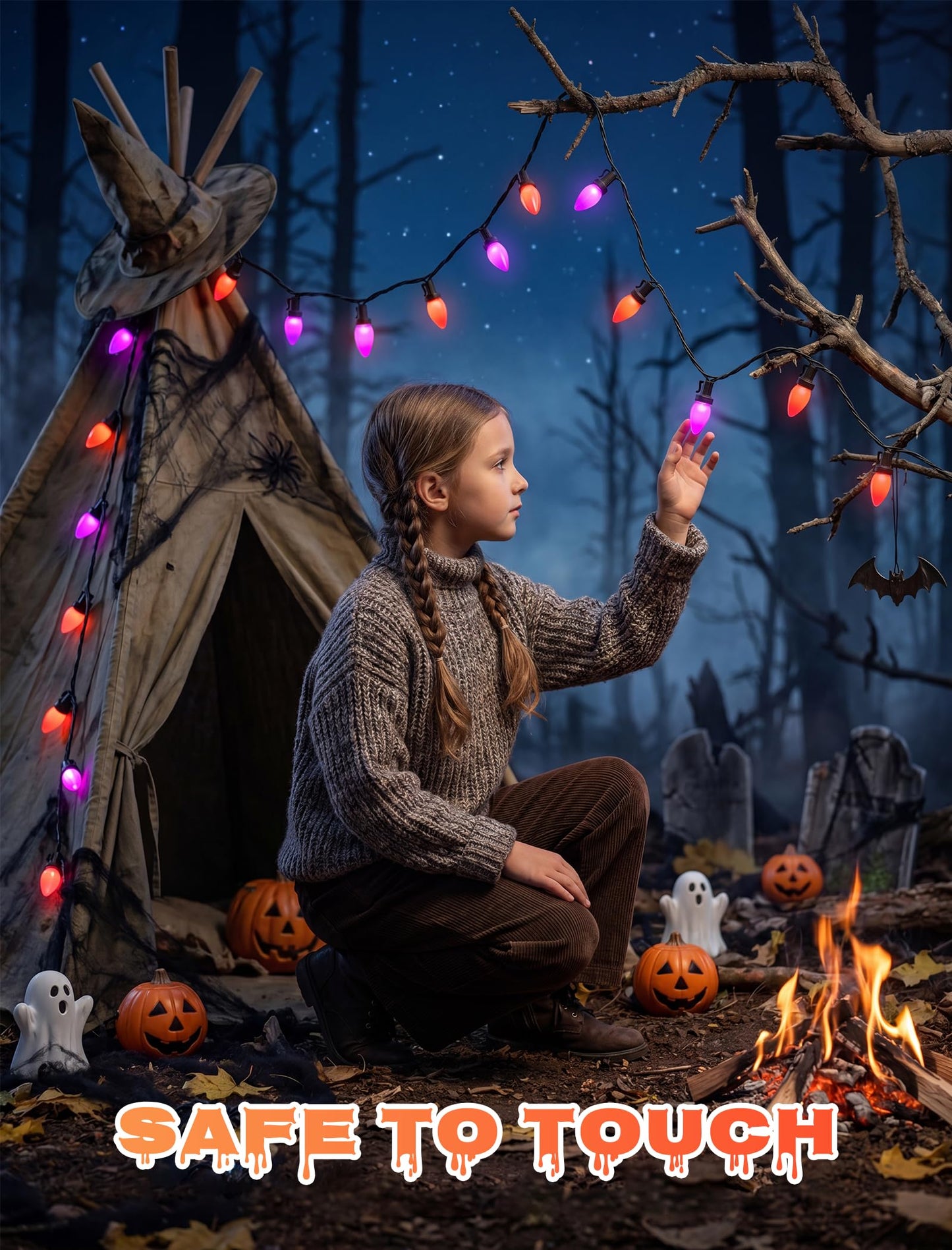Romasaty Purple and Orange Halloween Lights, 26FT 50 Count Halloween C7 LED String Lights for Indoor/Outdoor Use, Purple Orange Lights for Patio Home Party Garden Yard-Black Wire
