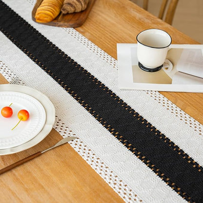FEXIA Boho Table Runner for Summer Home Decor with Tassels 90 Inches Long Farmhouse Rustic Black Gothic Table Runner Macrame Gothic Burlap Table Decoration for Kitchen Living Room (12x90 Inches)