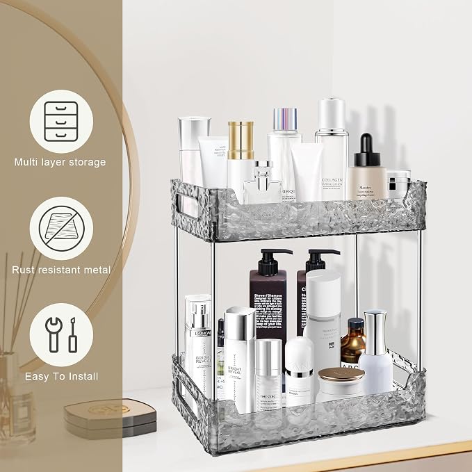 2-Tier Bathroom Counter Organizer Countertop Storage, Dresser Organizer Vanity Tray for Makeup, Perfume Organizer Cosmetics Skincare Shelf - Grey