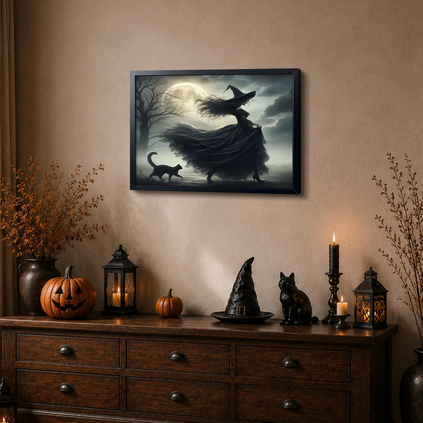 wanyun Dark Witch Wall Art Canvas Framed Poster Print Picture, Gothic Moonlight Witch Artwork Oil Painting, Spooky Halloween Horror Wall Decor for Bedroom Living Room Home Office Decor 16x24 Inch