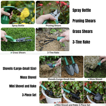 5-Piece Garden Tool Kit with Storage Case, Heavy Duty Gardening Tools Including Shovel, Trowel, Cultivator Rake, Pruners and Spray Bottle for Bonsai, Weeding and Yard Maintenance(Green-5)