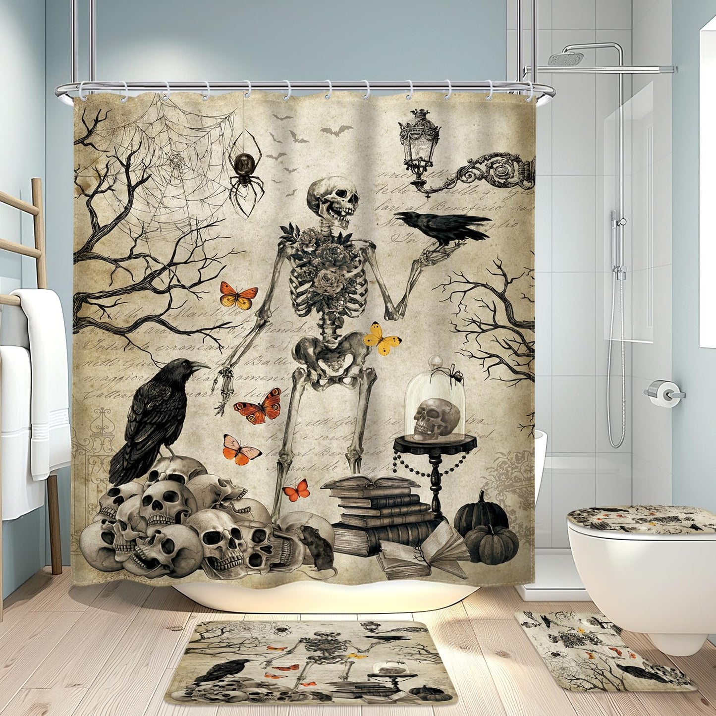 LGhtyro Skull Gothic Shower Curtain Sets，Spooky Scary Skeleton Spider 4PC with Rugs, Toilet Lid Cover and Bath Mat, Goth Halloween Bath Accessories Art Home Decor Fabric 12 Pack Hooks 71Wx71H Inches