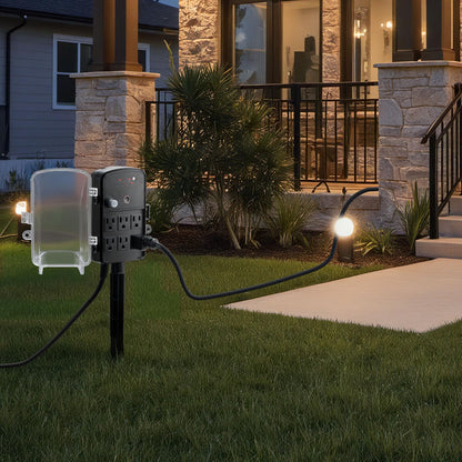 VEVOR Outdoor Power Stake Timer, 25FT Extension Cord, Remote Control Outdoor Power Strip with Cover, Dusk to Dawn Light Timer Waterproof, 6 Outlets for Halloween Christmas Lights, Garden Decorations
