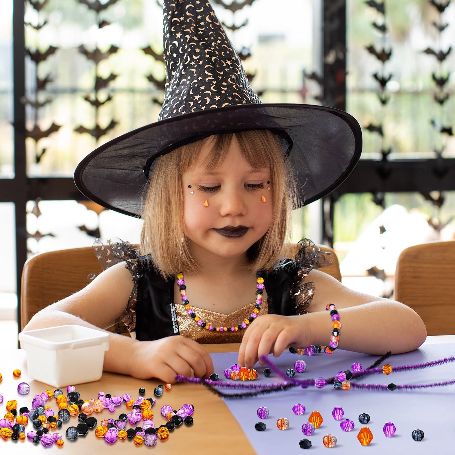 Landical 1215 Pcs Halloween Glass Beads Black Purple Orange Bicone Crystal Beads Faceted Design for DIY Jewelry Necklace Wristband Earring, Mixed Shapes and Size