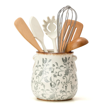 Utensil Holder for Kitchen Counter, Modern Farmhouse Rustic Cooking Utensil Holder and Crock, Exquisite Chinoiserie Floral Ceramic Utensil Organizer for Home Kitchen Decor- Gray Flower Patterns
