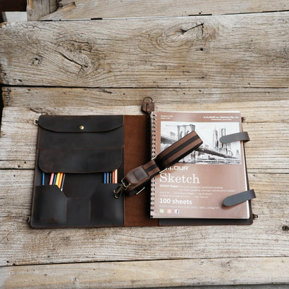 Handmade Leather Sketchbook Cover, Leather Artist Sketch Pad Cover for 9" x 12" Sketchbook, Drawing Book and Pencil Case, Journal Notebook Portfolio, Artis Drawing Gifts (darkbrown)