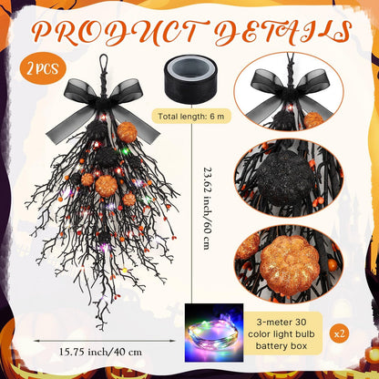 2 PCS Halloween Wreaths Halloween Floral Teardrop Swags Hanging Swag Plants Black Garland with Pumpkin Berries and 9.8ft Lights for Indoor Outdoor Party Wall Home Room Fireplace Porch Window Decor