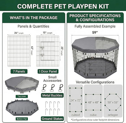 PJYuCien Dog Playpen with Top Cover and Bottom Pad - Metal Foldable Exercise Pen, 8 Panels 42" H x 24" W Indoor Outdoor Pet Fence Puppy Crate Kennel, Gray