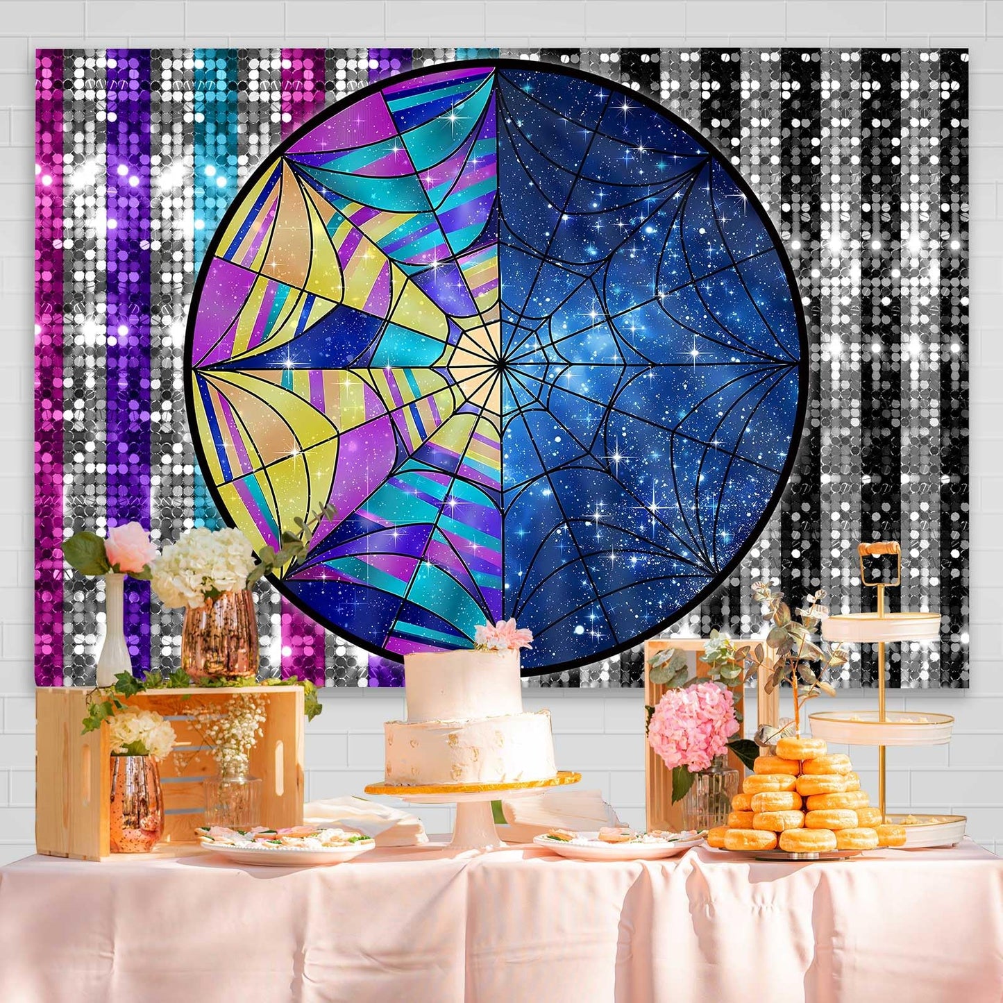QICAIYUN Wednesday Birthday Backdrop Spider Web Window Background Colorful Sky Birthday Party Backdrop Halloween Party Decorations Studio Banner Props 7x5ft YUNBDJ1024