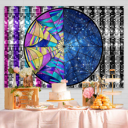 QICAIYUN Wednesday Birthday Backdrop Spider Web Window Background Colorful Sky Birthday Party Backdrop Halloween Party Decorations Studio Banner Props 7x5ft YUNBDJ1024