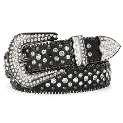 SANSTHS Women Rhinestone Belt for Jeans, Western Cowgirl Bling Studded Belt Faux Crocodile Grain Leather, Black L