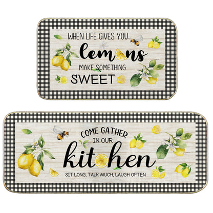 Lemon Kitchen Mat Set of 2, Kitchen Mats for Floor, Farmhouse Lemon Kitchen Decor Floor Mats Non Slip, Kitchen Runner Rug Carpet 17x29 and 17x47 Inch