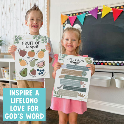 Hadley Designs Sunday School Decorations for Classroom –9 Bible Posters for Kids, Books of the Bible, 10 Commandments, Bible Timeline Chart, Fruits of the Spirit, Greenery Christian Classroom Decor