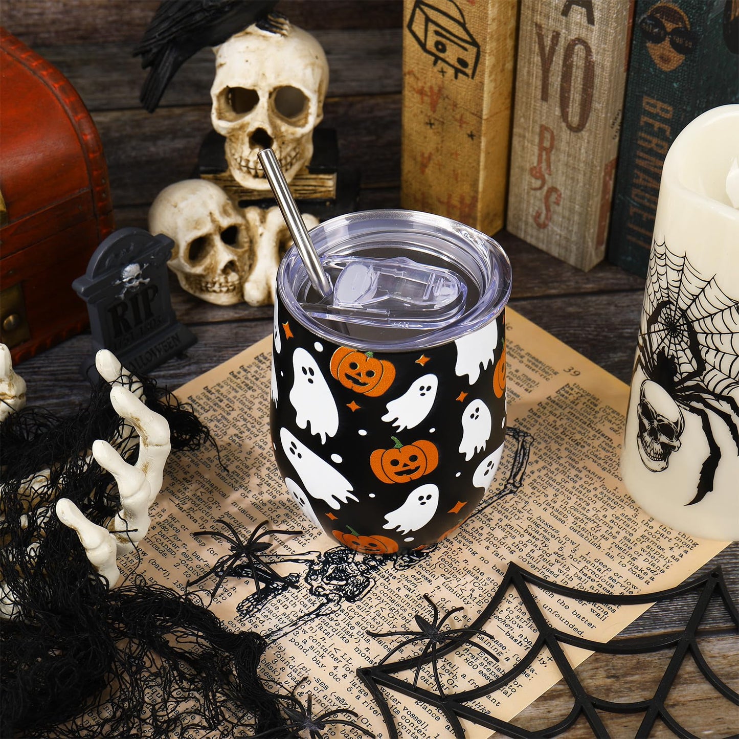 Whaline Halloween Stainless Steel Wine Tumbler with Straw and Lid Ghost Pumpkin Coffee Mug Black White Orange Insulated Tumbler for Hot and Cold Drinks