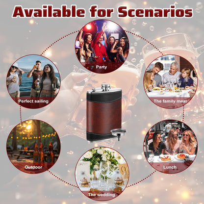 PercyEffie 6 Pcs Liquor Flask, Hip Flasks 8 oz Metal Flask with Funnel, Leak Proof Pocket Flask in Dark Brown Leather Strap Design for Men Women (3.7 x 5.5 Inches)