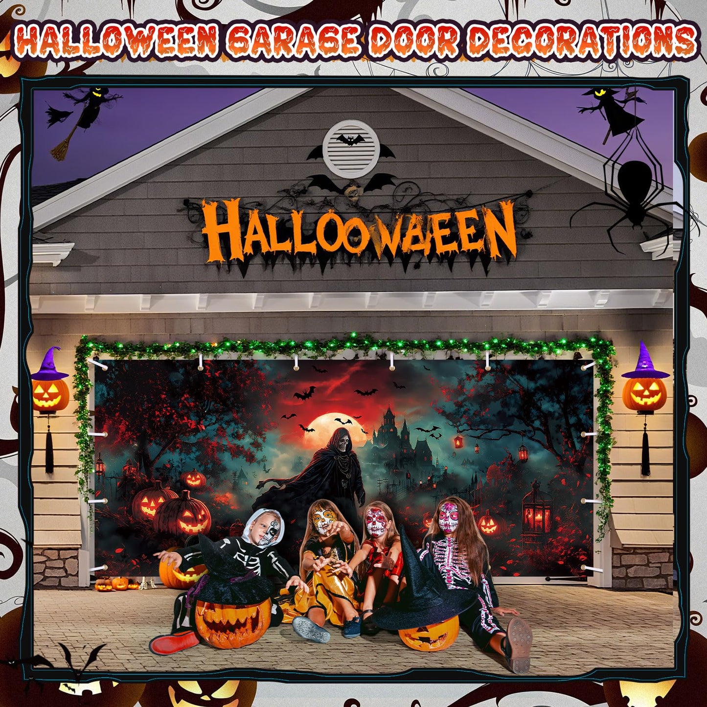Remagr 7 x 16 ft Halloween Garage Door Banner Large Halloween Hanging Backdrop Door Cover Gloomy Skull Garage Wall Decoration Backdrop Mural for Party Wall Window Yard Outdoor Holiday (Spooky)