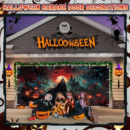 Remagr 7 x 16 ft Halloween Garage Door Banner Large Halloween Hanging Backdrop Door Cover Gloomy Skull Garage Wall Decoration Backdrop Mural for Party Wall Window Yard Outdoor Holiday (Spooky)
