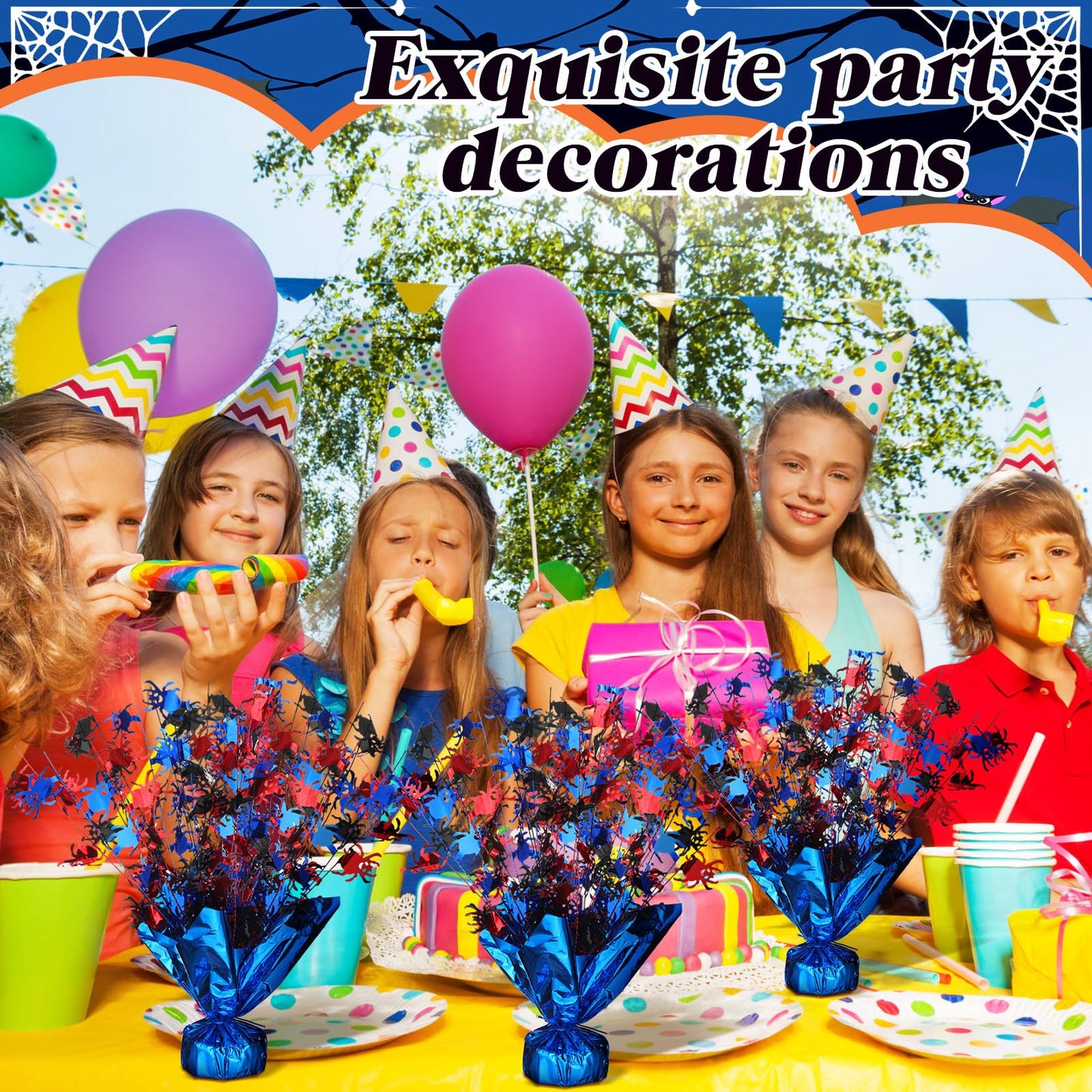 Amyhill 3 Pcs Halloween Spider Party Centerpiece Red Blue and Black Spider Birthday Party Favor Decoration Flash Foil Spray Table Centerpiece Red and Blue Decor for Hero Themed Table Decorations