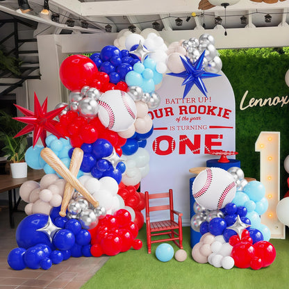 Baseball Balloon Arch Kit,134Pcs Navy Blue Red Sand White Balloon Garland with Baseball,Baseball Bat,Explosion Star Foil Balloons for Sports Theme Baby Shower Rookie Year 1st Birthday Party Decoration